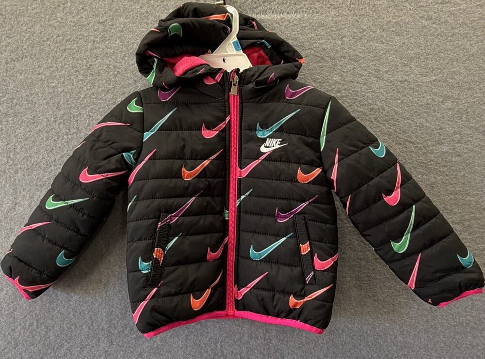 Nike Girls Infant 18 Months Toddler Puffer Jacket AOP Swoosh Pink Hooded Coat